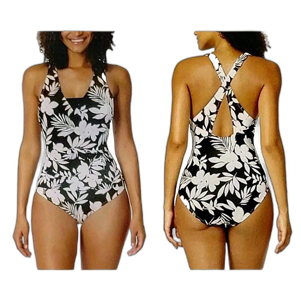 Lands' End Black White Floral Ruched Tummy Flattering UPF 50 Crossback Swimsuit